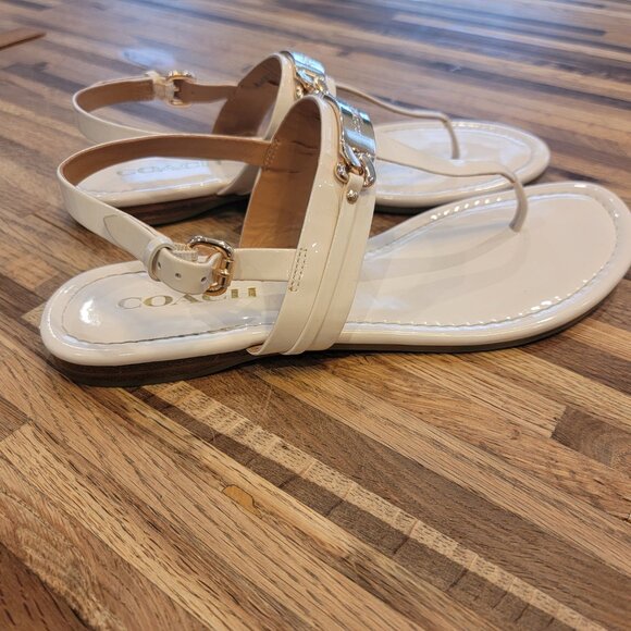 Coach Chalk Caterine Logo Hardware Flat Post Thong Toe Buckle Sandals - Picture 6 of 10